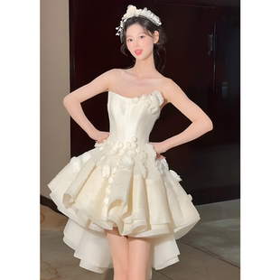 法式轻奢小短裙芭蕾风甜美公主抹胸立体花朵蓬蓬裙生日礼服轻婚纱