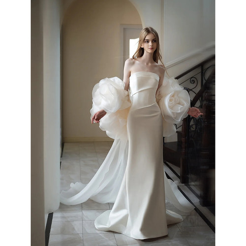 法式抹胸婚纱女高级感绝美优雅重工气质花朵拖尾主纱新娘出门纱