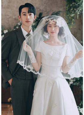 法式复古高级感轻婚纱小众优雅晨袍新娘敬酒服迎宾出门纱礼服裙