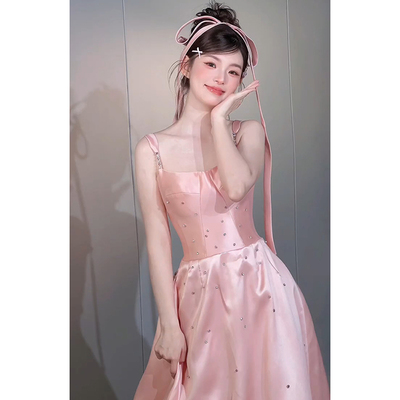法式小个子粉色礼服裙吊带甜美高级感轻奢小众生日成人礼宴会礼服