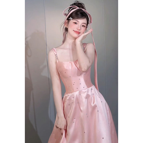 法式小个子粉色礼服裙吊带甜美高级感轻奢小众生日成人礼宴会礼服