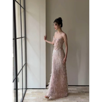 法式高端新娘结婚出门纱流苏气质长裙轻奢小众高级感名媛晚礼服