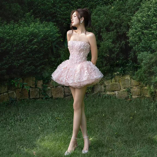 法式甜美抹胸蓬蓬裙绝美超仙公主风气质短裙小个子轻奢生日礼服裙