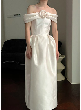 梵娜仙衣一字肩晚礼服白色法式新娘订婚领证登记小白裙年会礼服