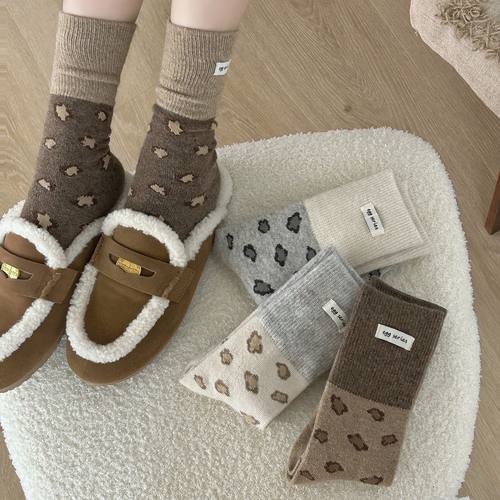 秋冬新款豹纹女袜中筒冬日美拉德羊毛袜子加厚秋冬保暖堆堆袜女
