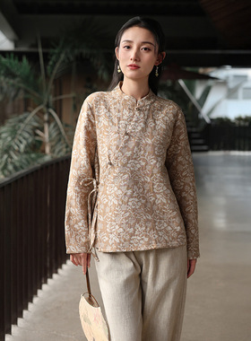 芬妮小姐新中式提花T恤 2026春季新款小碎花复古斜襟盘扣立领上衣