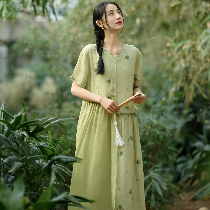 芬妮小姐刺绣不对称拼接连衣裙 2024年夏季新款小清新苎麻衬衫裙