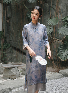 新中式旗袍裙苎麻印花