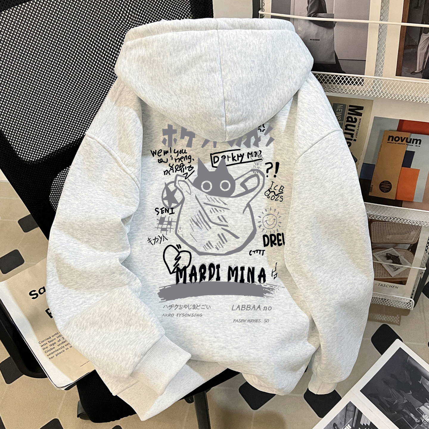 mardi卡通猫咪连帽卫衣男女款秋冬加绒加厚oversize宽松重磅纯棉