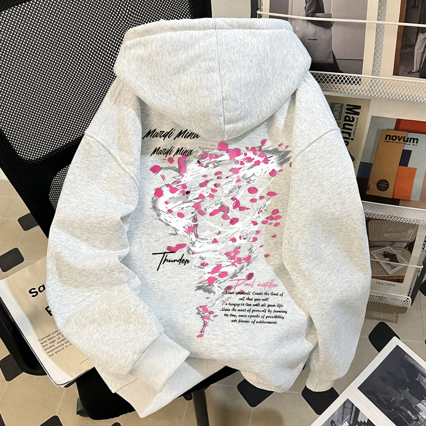 mardi美式高街樱花印花连帽卫衣男女潮牌嘻哈宽松加绒厚重磅纯棉