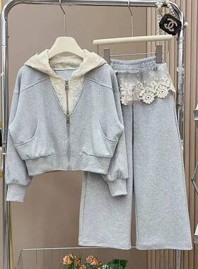 女童春秋套装洋气儿童2026新款蕾丝连帽卫衣女孩秋装运动服两件套