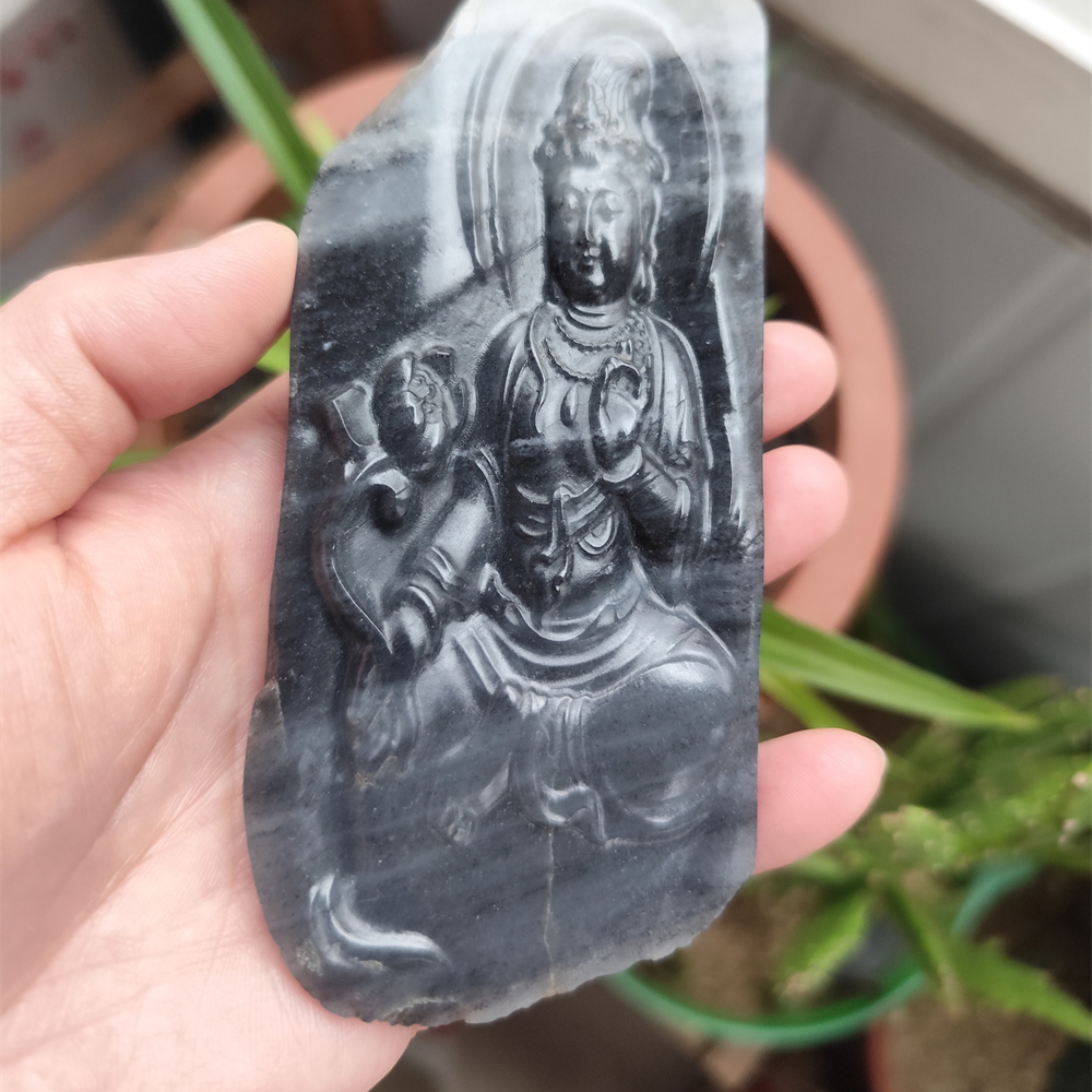 和田玉青花籽料观音小摆件 266克 新疆青花籽料雕刻