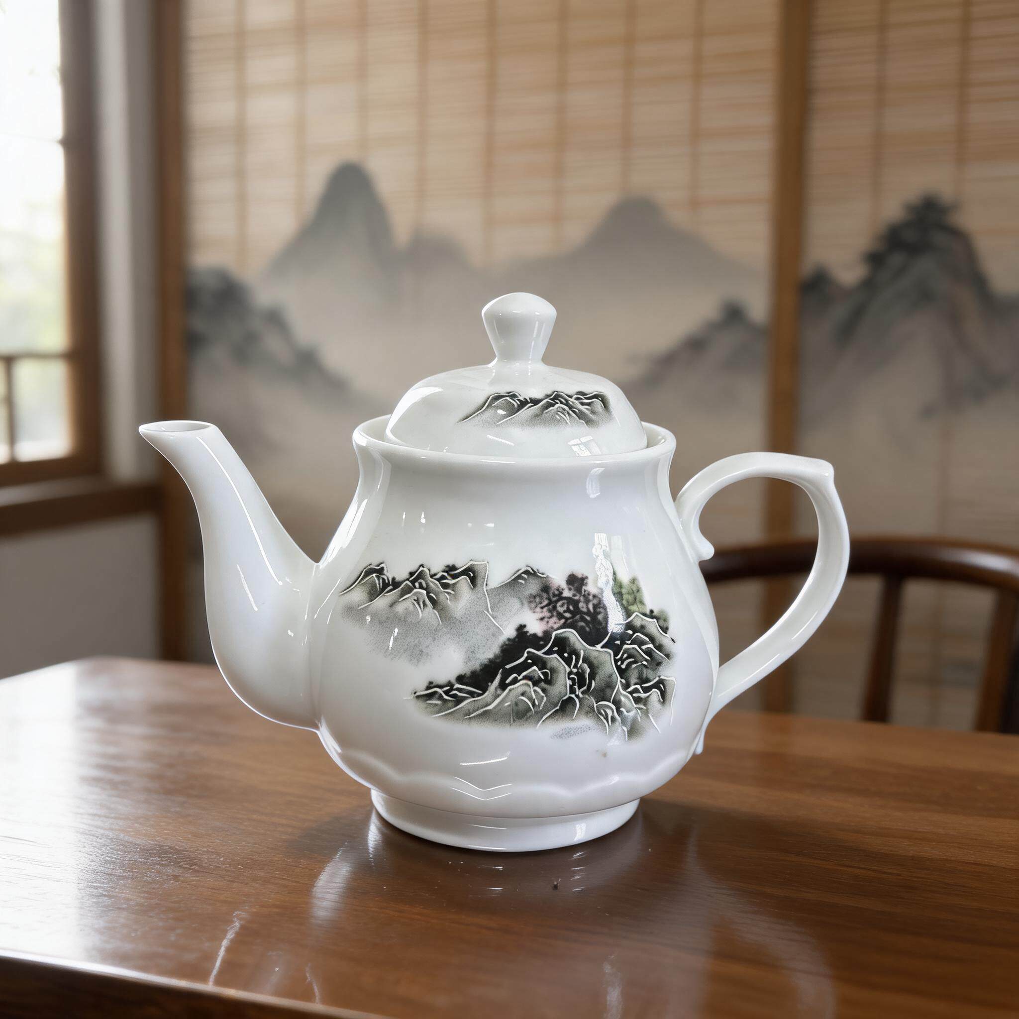 陶瓷山水画茶壶家用餐饮民宿泡茶壶大小号瓷水壶耐热过滤茶壶中式