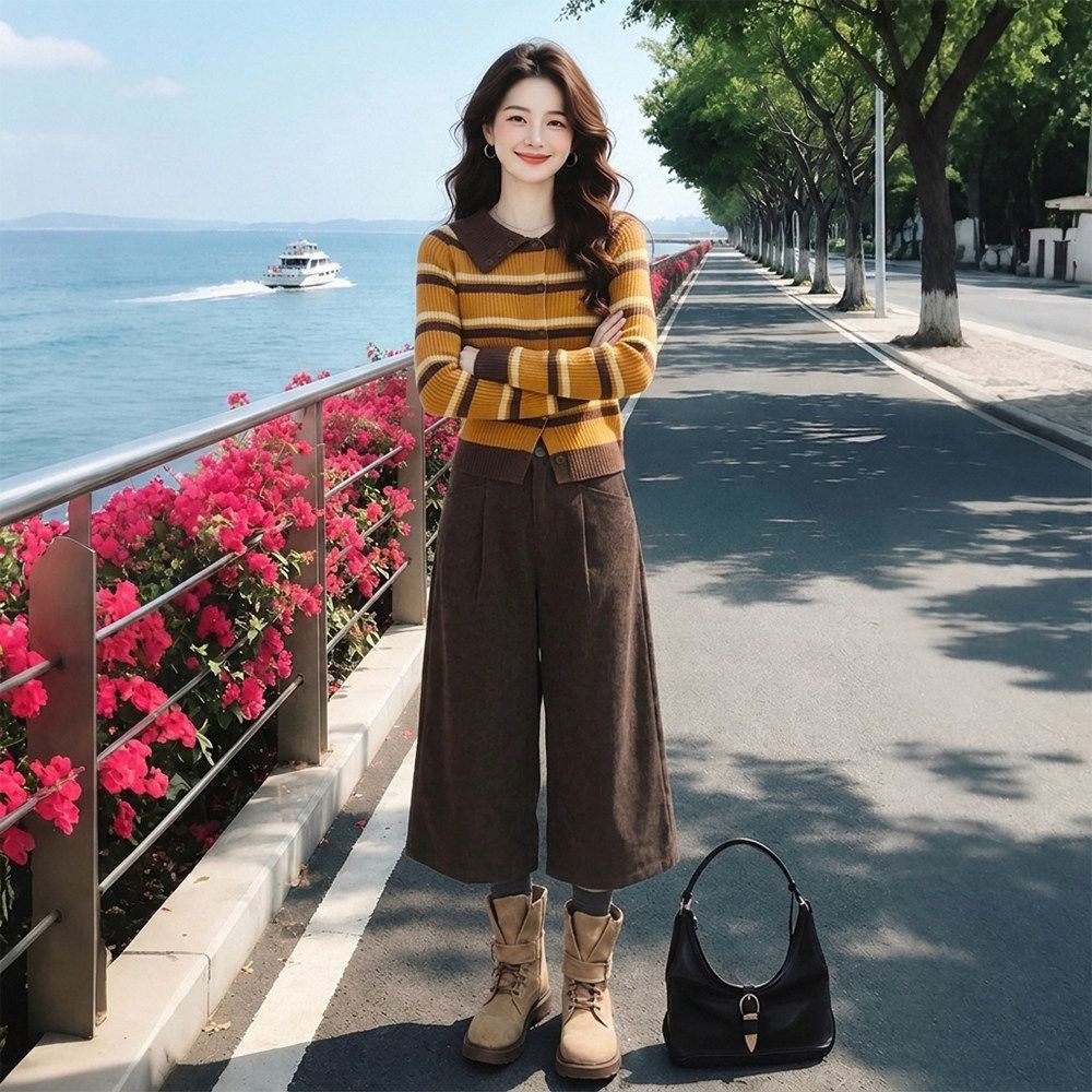 早秋新款时尚套装女翻领条纹毛衣针织开衫显瘦灯芯绒八分裤两件套