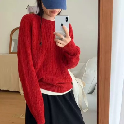 【小乐专享】圆领麻花套头针织衫减龄百搭小马刺绣毛衣456