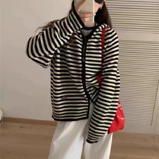 【小乐专享】韩系显瘦双拉链连帽慵懒风条纹针织开衫463