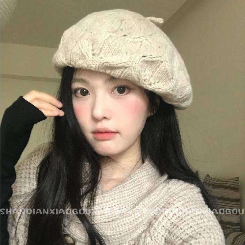 韩版麻花针织贝雷帽子女秋冬季保暖护耳毛线帽百搭画家帽