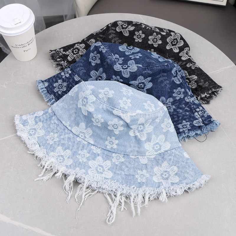 韩系刺绣花朵牛仔毛边渔夫帽女四季防晒百搭遮阳盆帽简约百搭,服饰配件/皮带/帽子/围巾,帽子,淘宝优惠券,粉丝福利购,淘宝优惠卷