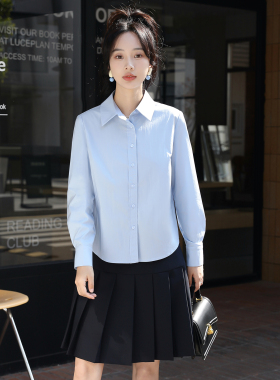 小个子棉正装通勤面试浅蓝色减龄洋气宽松遮肚子长袖衬衫女职业装