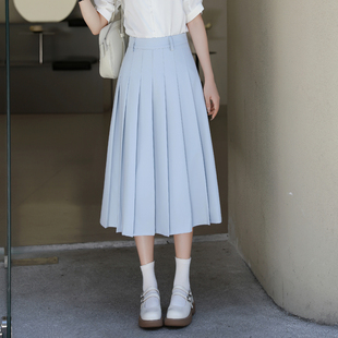 小个子高级感TR西装面料浅蓝色体制内职场面试垂感百褶半身裙女
