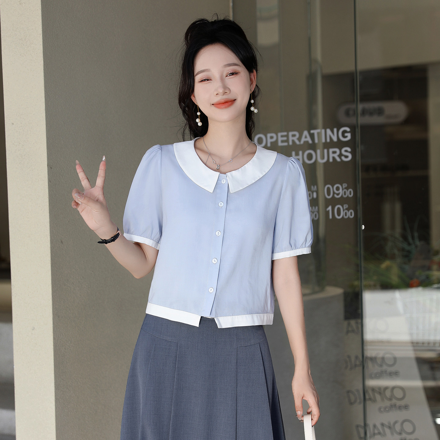 小个子天丝莱赛尔短款可爱甜美撞色拼接娃娃领短袖衬衫女夏季上衣,女装/女士精品,衬衫,淘宝优惠券,粉丝福利购,淘宝优惠卷