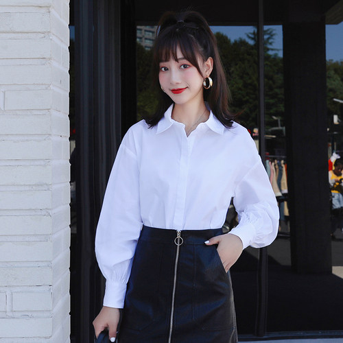 长袖棉质白衬衫泡泡袖职业宽松