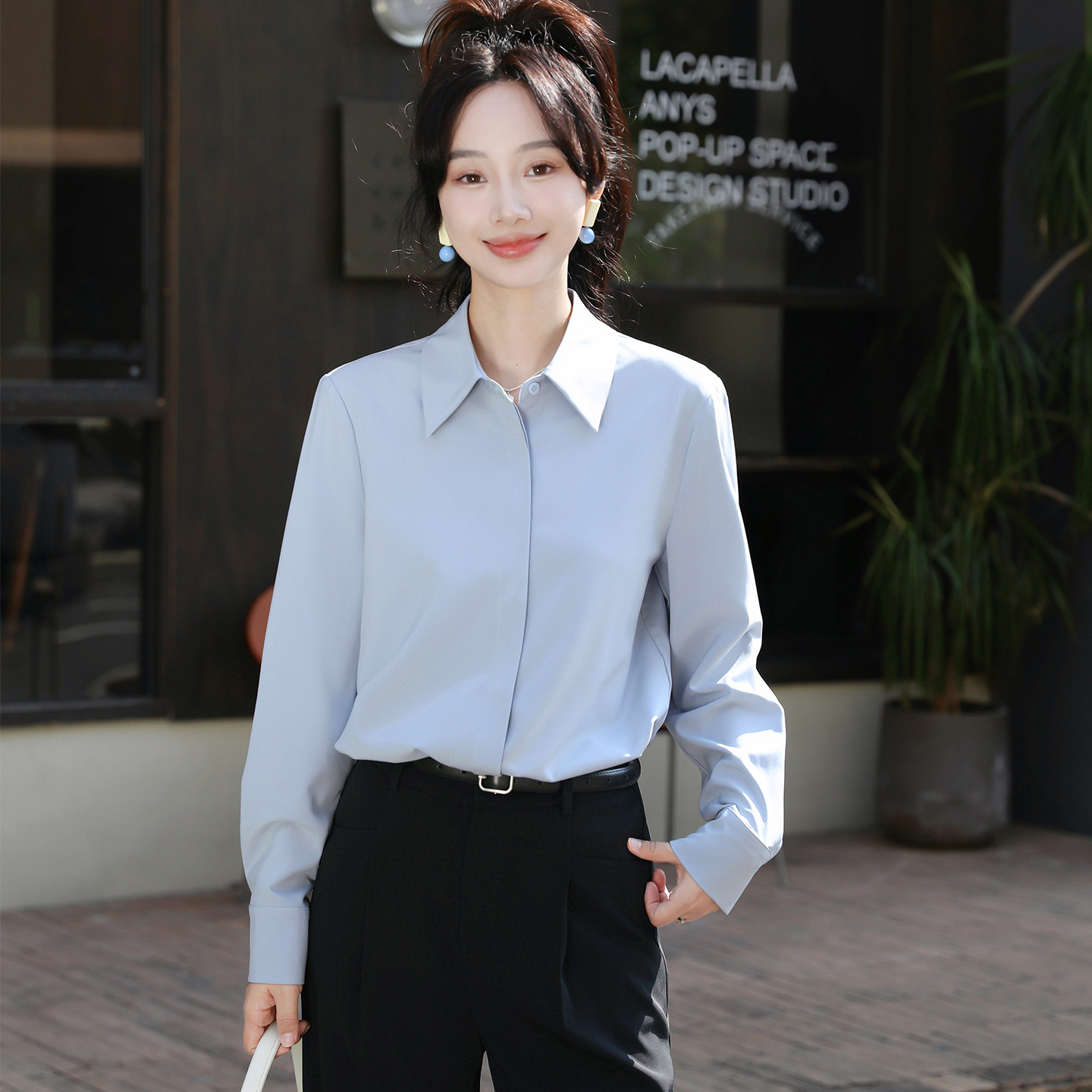 抗皱免烫体制内职场教资公务员面试灰蓝色正装衬衫女内搭外穿上衣