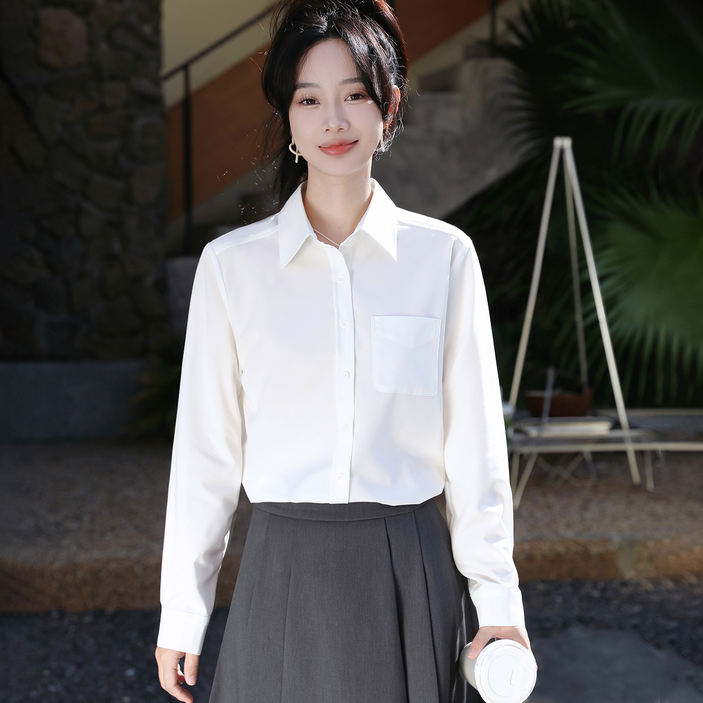 职场高智感小资知识分子风松系穿搭宽松直筒白衬衫女长袖秋款上衣