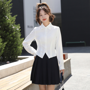 夏季 白色雪纺衬衫 显瘦短款 小个子修身 职业上班工作ol衬衣 女长袖