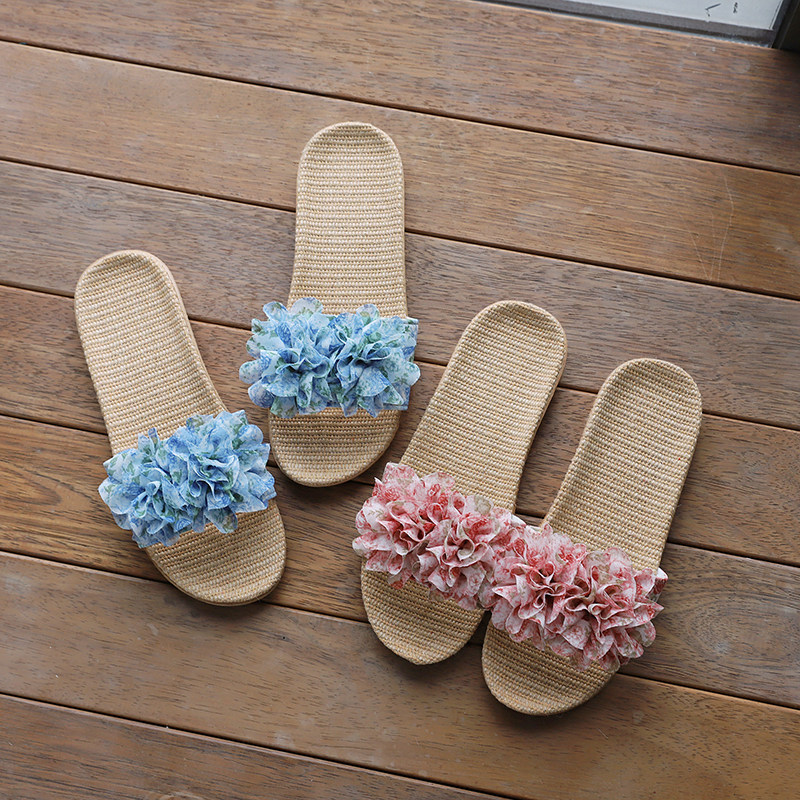 公主风花朵装饰亚麻拖鞋女夏居家室内防滑透气亚麻凉拖鞋
