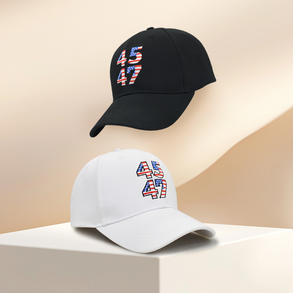 美国刺绣棒球帽户外美国数字4547白色鸭舌帽国旗高级感硬顶川帽普