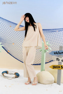 简诗哲24春夏新款杨柳皱圆领背心九分裤女套家居服