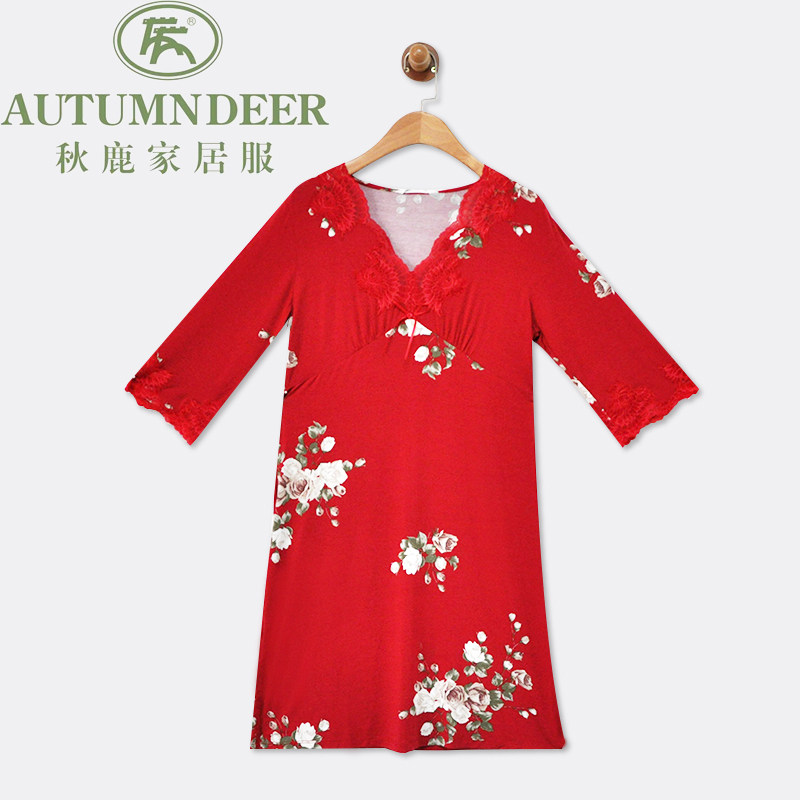 秋鹿autumndeer睡衣莫代尔春秋女款红蕾丝奢华花卉印花睡裙家居服