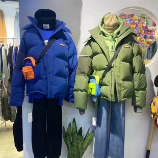 库存 冬季户外男子连帽羽绒服短款男女情侣款拼接加厚保暖白鸭绒