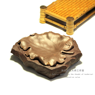 刘景紫砂茶宠 宜兴 茶玩景人纯手工紫泥干泡一叶知秋壶垫壶承壶托