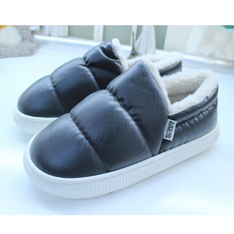 冬季情侣松糕底棉拖鞋3.8cm加厚底男式eva棉鞋防水pu面女士棉窝窝