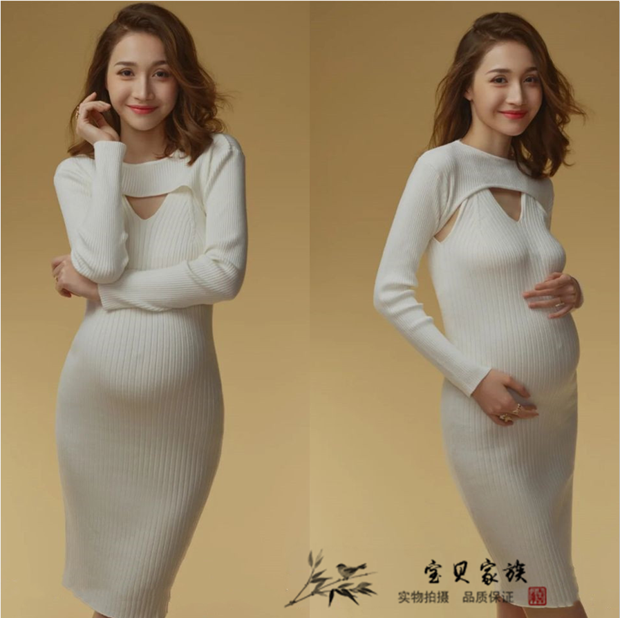 影楼孕妇照服装白色针织时尚文艺孕妈拍摄艺术照片写真连衣裙