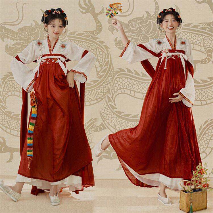 孕妇新中式唐朝红色古风齐胸刺绣古装汉服大肚妈咪孕味照摄影服饰