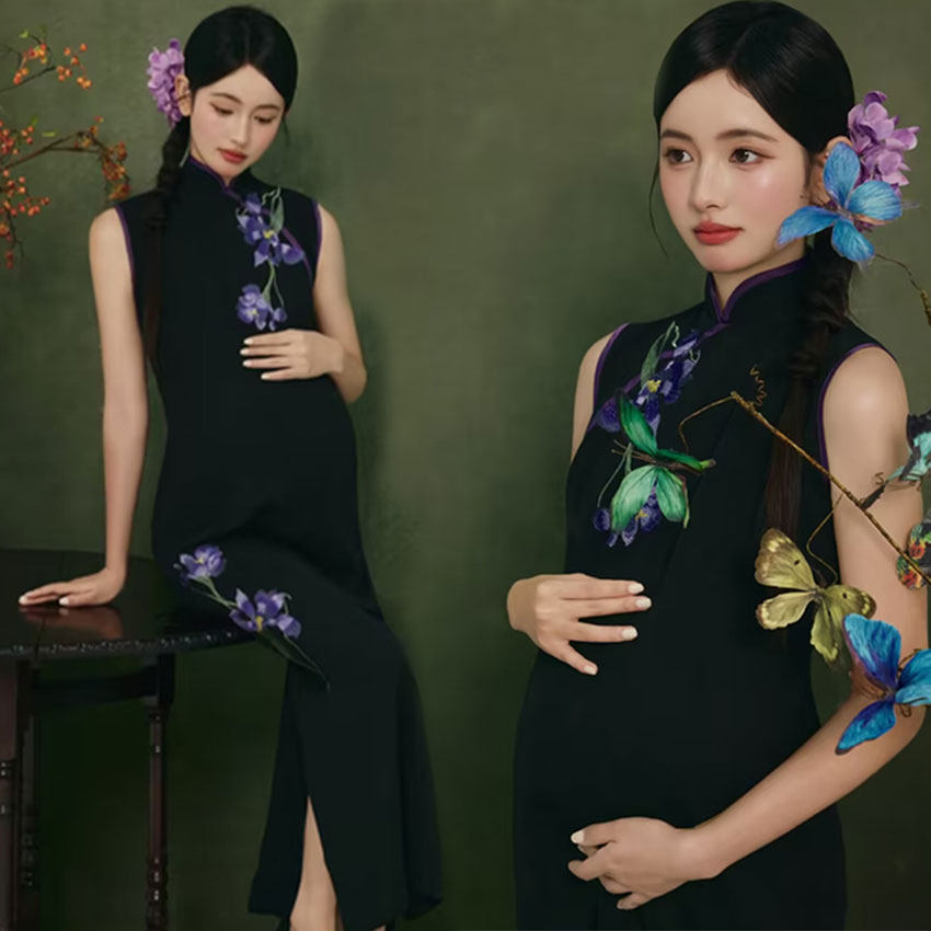 新中式绝美旗袍改良复古风孕妇高级感日常可穿紫色兰花刺绣连衣裙