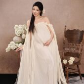 温柔风一字肩长裙高级感孕妈咪摄影服饰 法式 孕妇拍照服装 影楼新款
