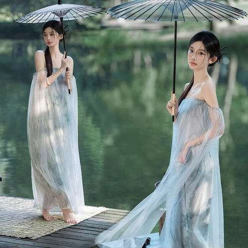 连衣裙新中式网纱复古女装国风晨袍仙女抹胸裙子水墨画宽松服装 - 封面
