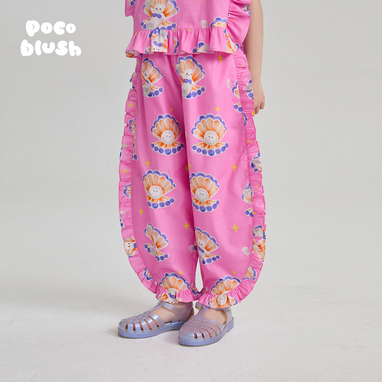 贝壳珍珠猫印花长裤荷叶边长裤