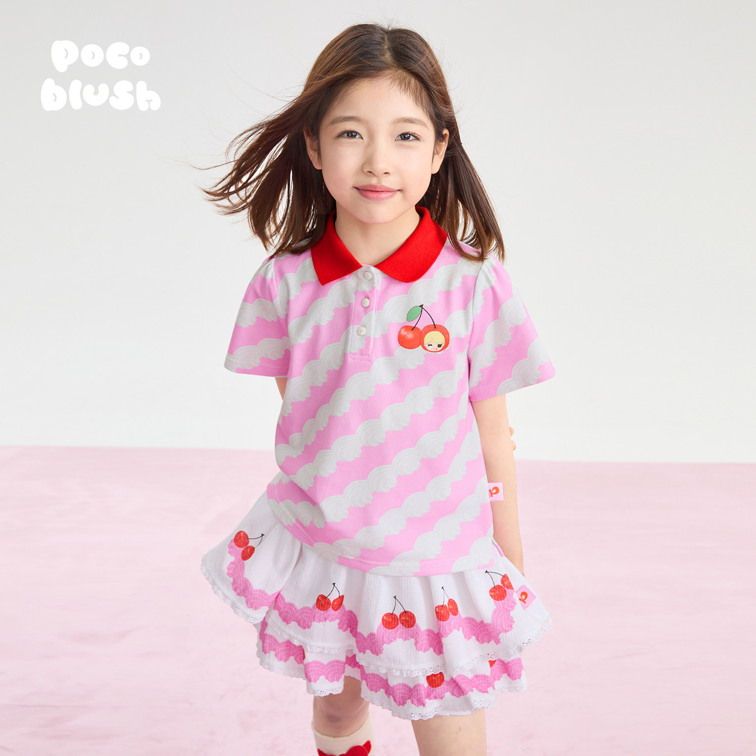 pocoblush【一朵朵浪花奶油】印花Polo衫春夏款女童T恤条纹短袖