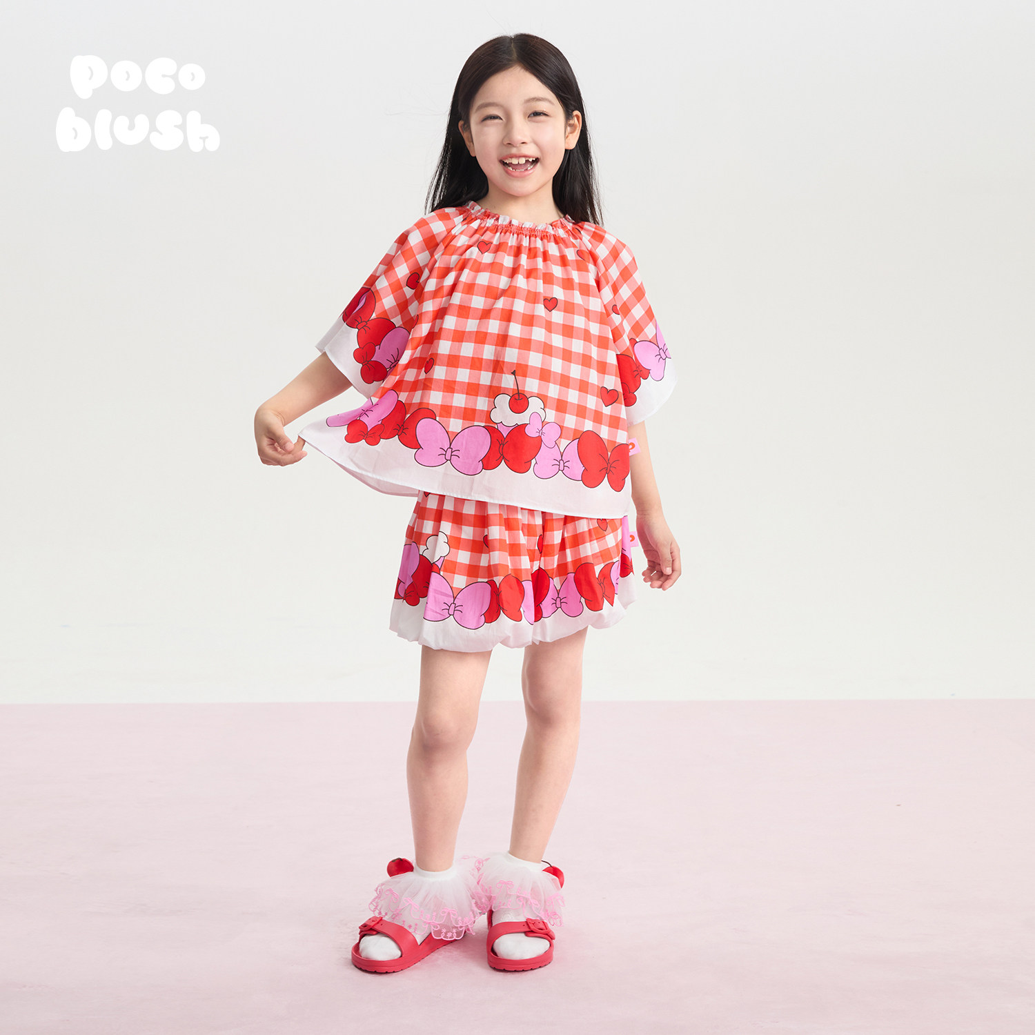 pocoblush【大大蝴蝶结】印花花苞短裤女童夏季新款清凉透气套装