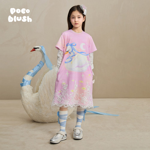 天鹅梦印花蕾丝连衣裙甜美女童