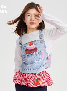 pocoblush【口袋里的蛋糕】手绘牛仔打底长袖T恤女童春款上衣百搭