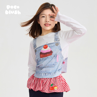 T恤女童春款 pocoblush 手绘牛仔打底长袖 蛋糕 上衣百搭 口袋里