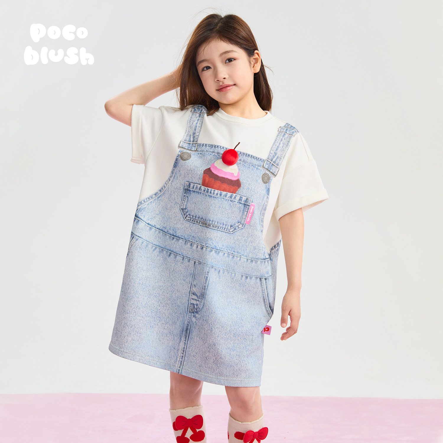 pocoblush【口袋里的蛋糕】手绘牛仔连衣裙T恤女童春夏款印花裙子