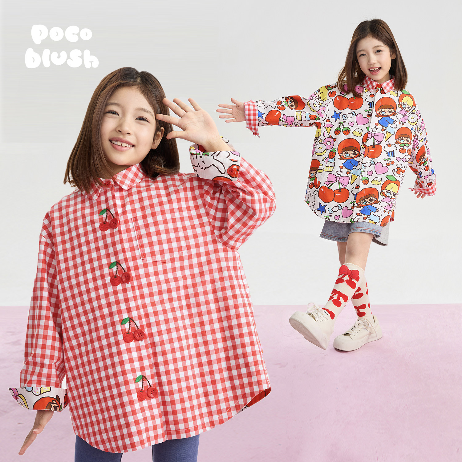 pocoblush【樱桃小格子】两面穿外套女童春夏款陶瓷纽扣手绘衬衫