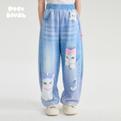 手绘牛仔针织运动裤 猫 春季 新款 pocoblush 高弹休闲裤 口袋里